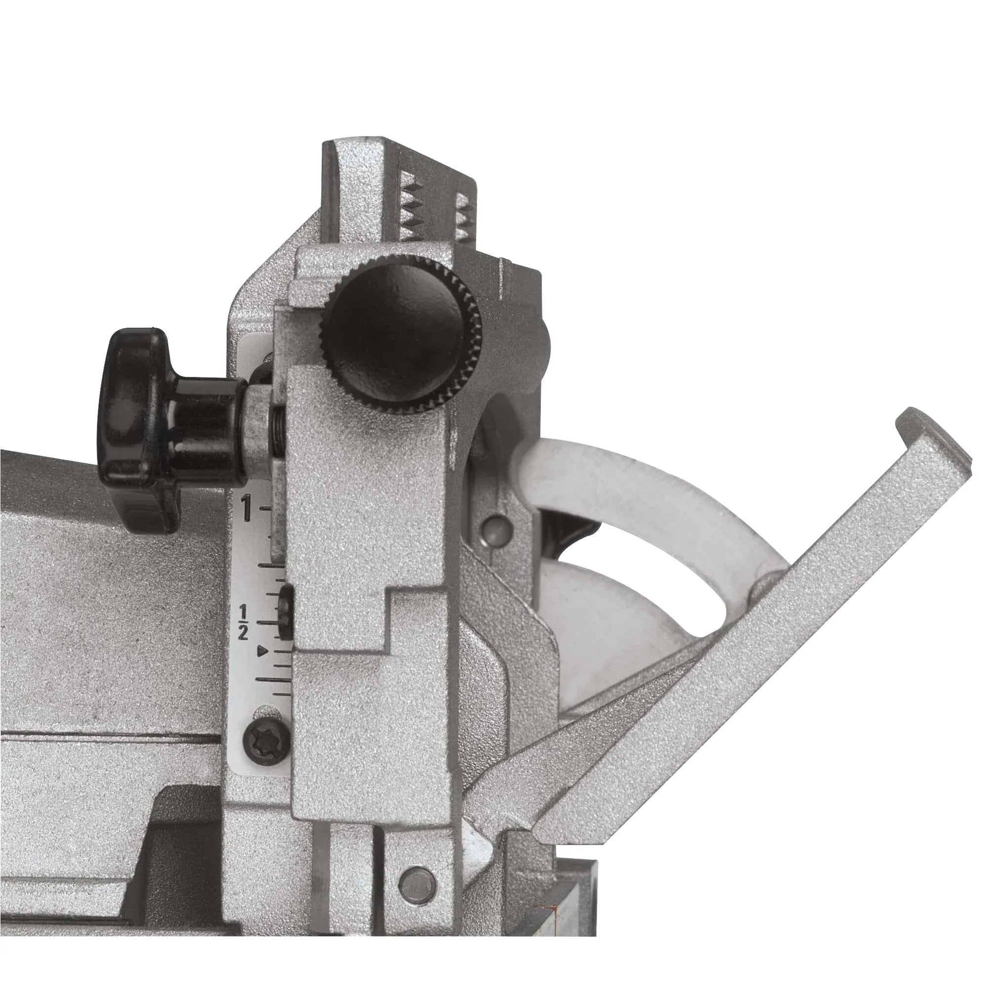 Close-up view of the adjustable dual rack and pinion fence mechanism on the DEWALT corded electric biscuit joiner, ensuring precise blade parallelism for accurate carpentry joints.