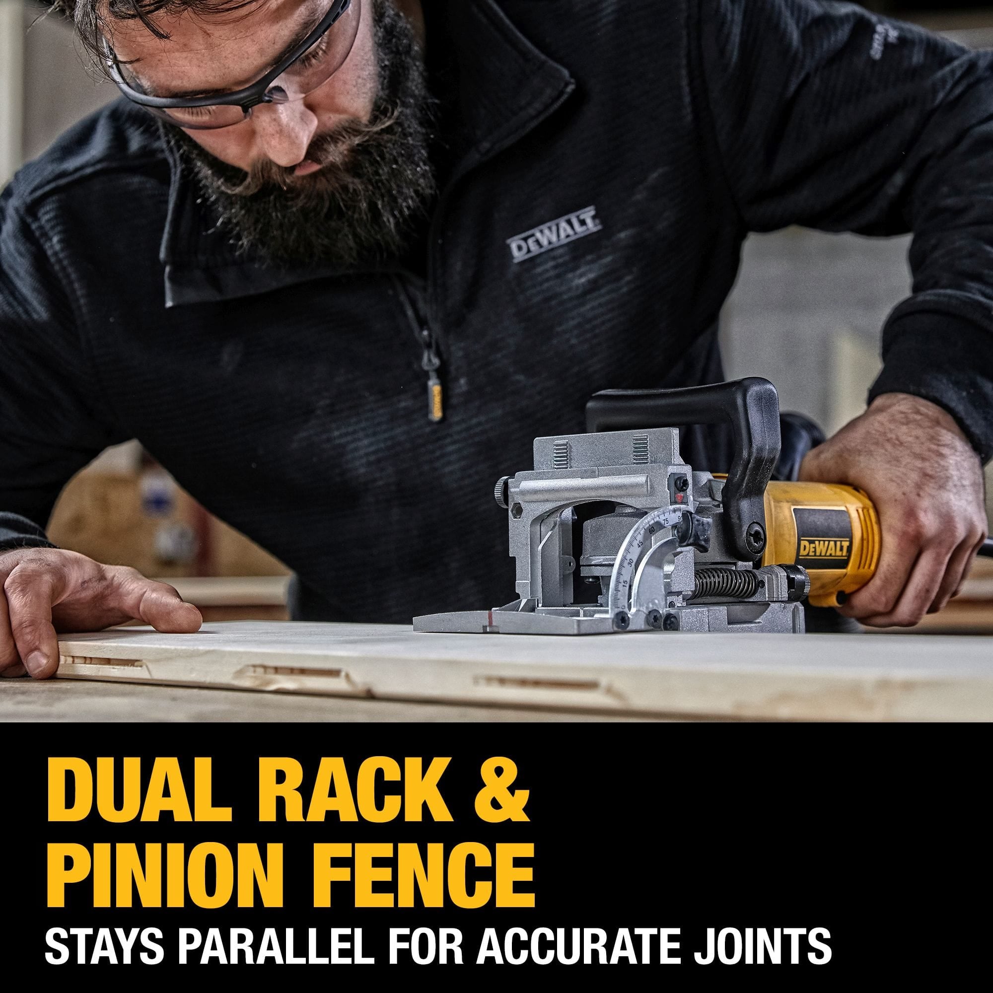 Professional woodworker using the DEWALT DW682K heavy-duty plate joiner on a flat wooden board, with an overlay emphasizing the dual rack and pinion fence that stays parallel for accurate joints.