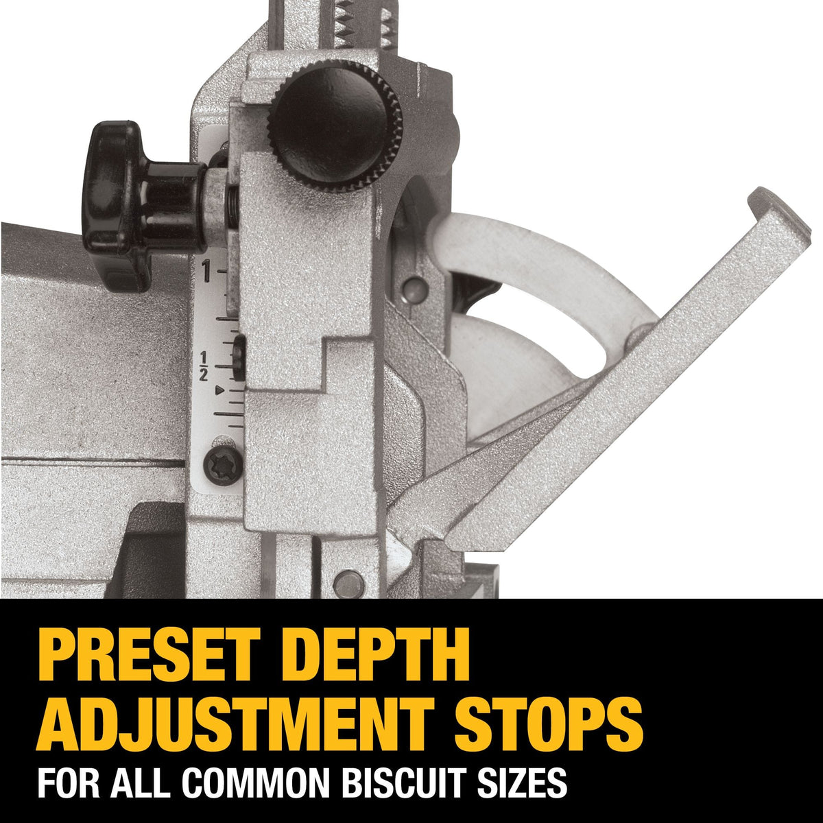Close-up graphic of the DEWALT DW682K biscuit joiner highlighting the preset depth adjustment stops, designed to accommodate all common biscuit sizes for fast woodworking setup.