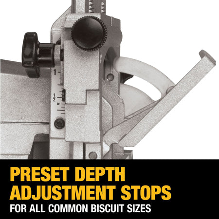 Close-up graphic of the DEWALT DW682K biscuit joiner highlighting the preset depth adjustment stops, designed to accommodate all common biscuit sizes for fast woodworking setup.