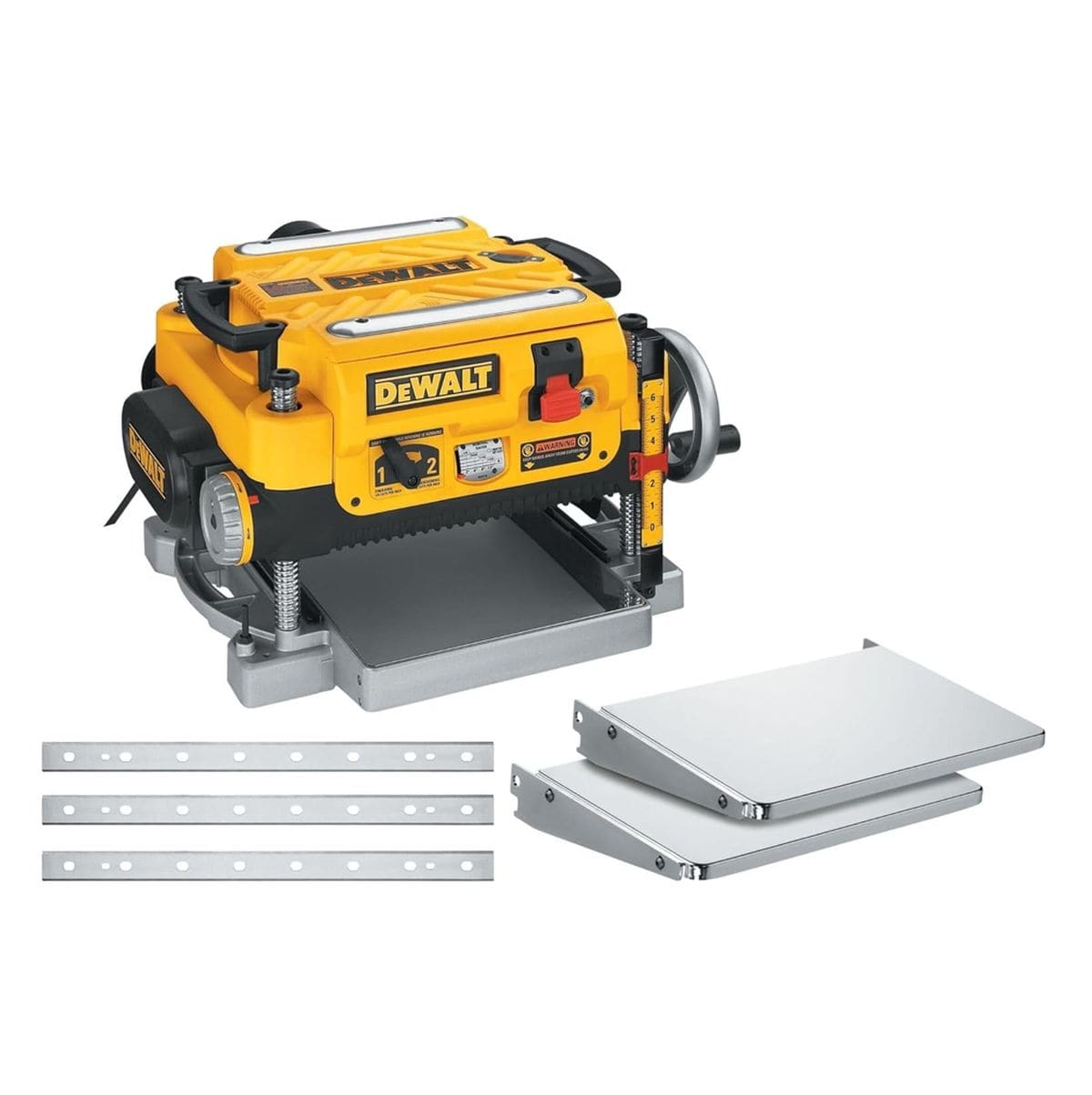 Studio shot of the yellow and black DEWALT 13-inch thickness planer bundle, showing the main unit, two metal infeed/outfeed tables, and a set of replacement knives.