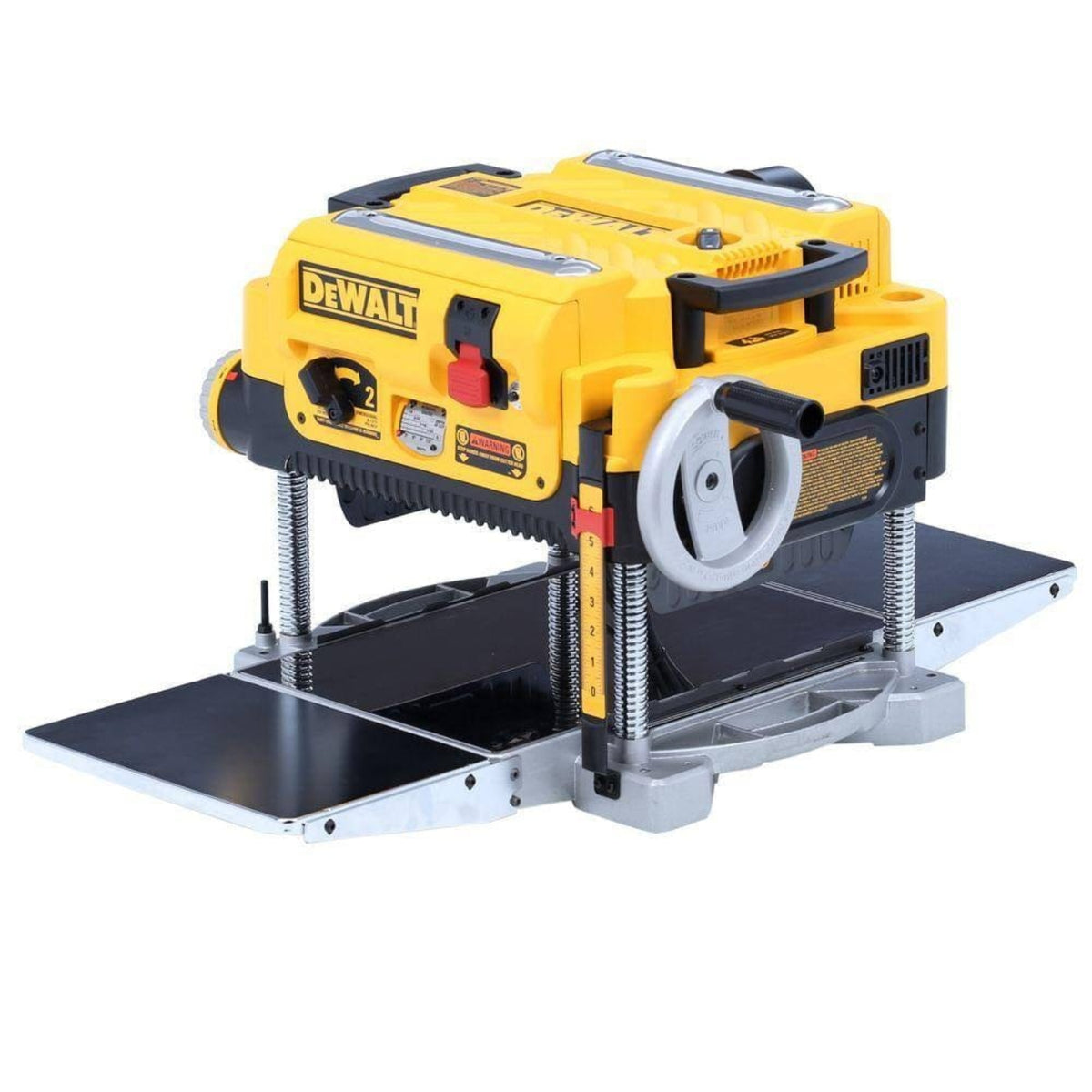 Angled studio view of the thickness planer with the infeed and outfeed tables attached and folded down in the operating position.