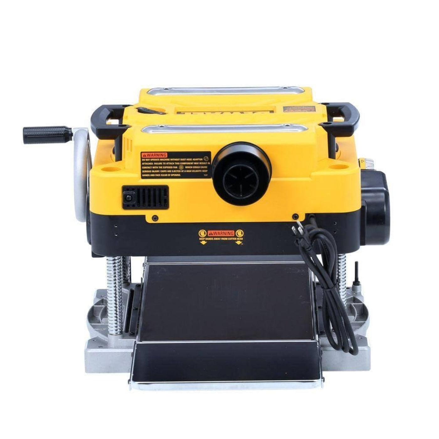 Rear angled view of the planer highlighting the dust exhaust port centered above the outfeed area.