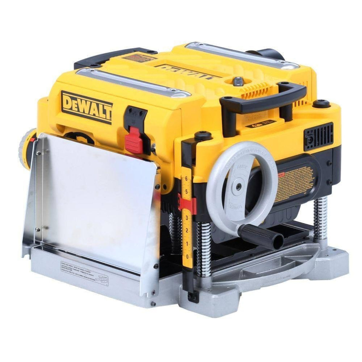 Angled view of the planer with the infeed and outfeed tables folded up for compact storage or transport.