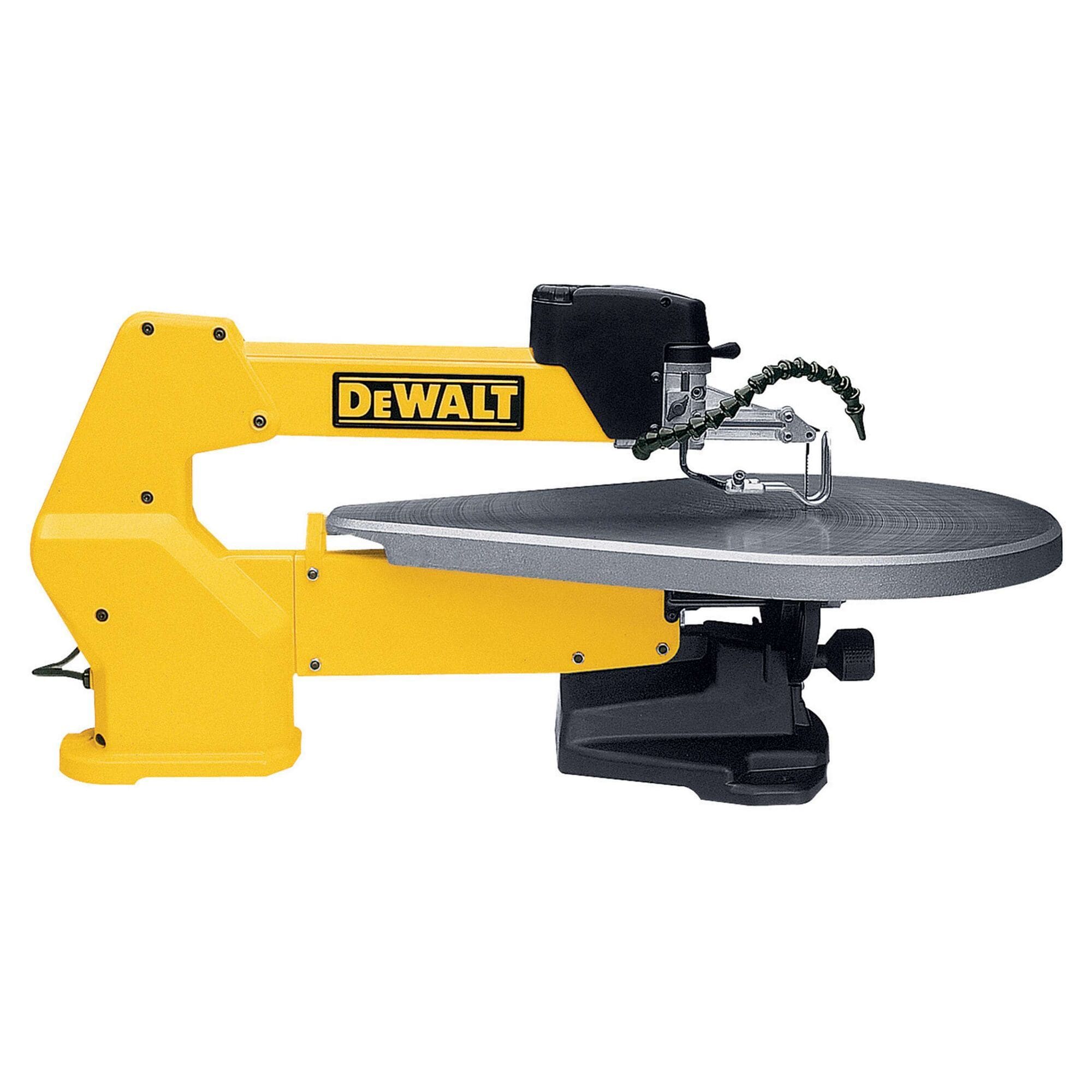 Profile shot of the DEWALT DW788 heavy-duty variable speed scroll saw showcasing the tool-free blade clamps and the ergonomic front-access operator controls.
