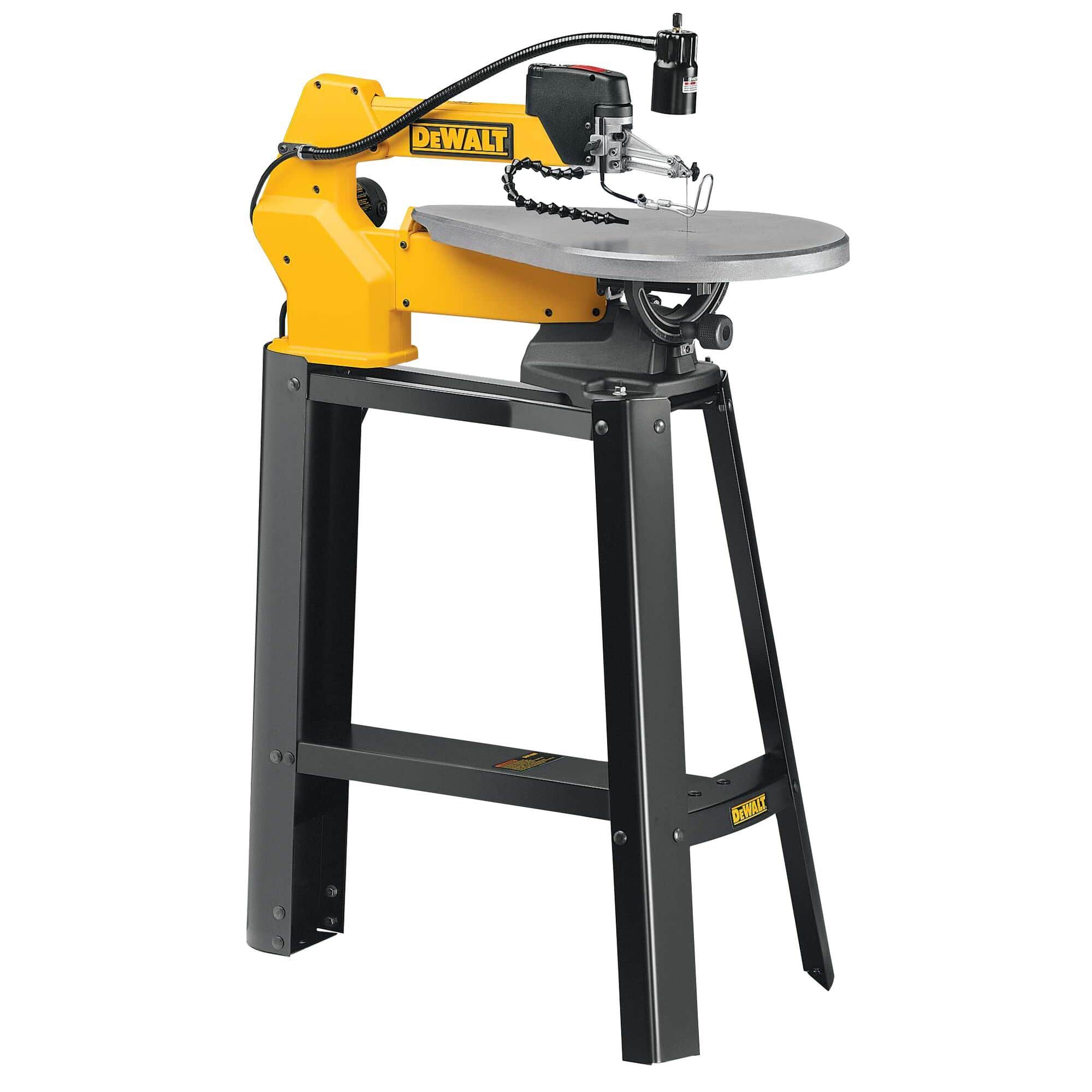 An angled studio view of the DEWALT 20 inch scroll saw on its industrial stand, emphasizing the stable cast-iron tilting table and high-visibility yellow housing.