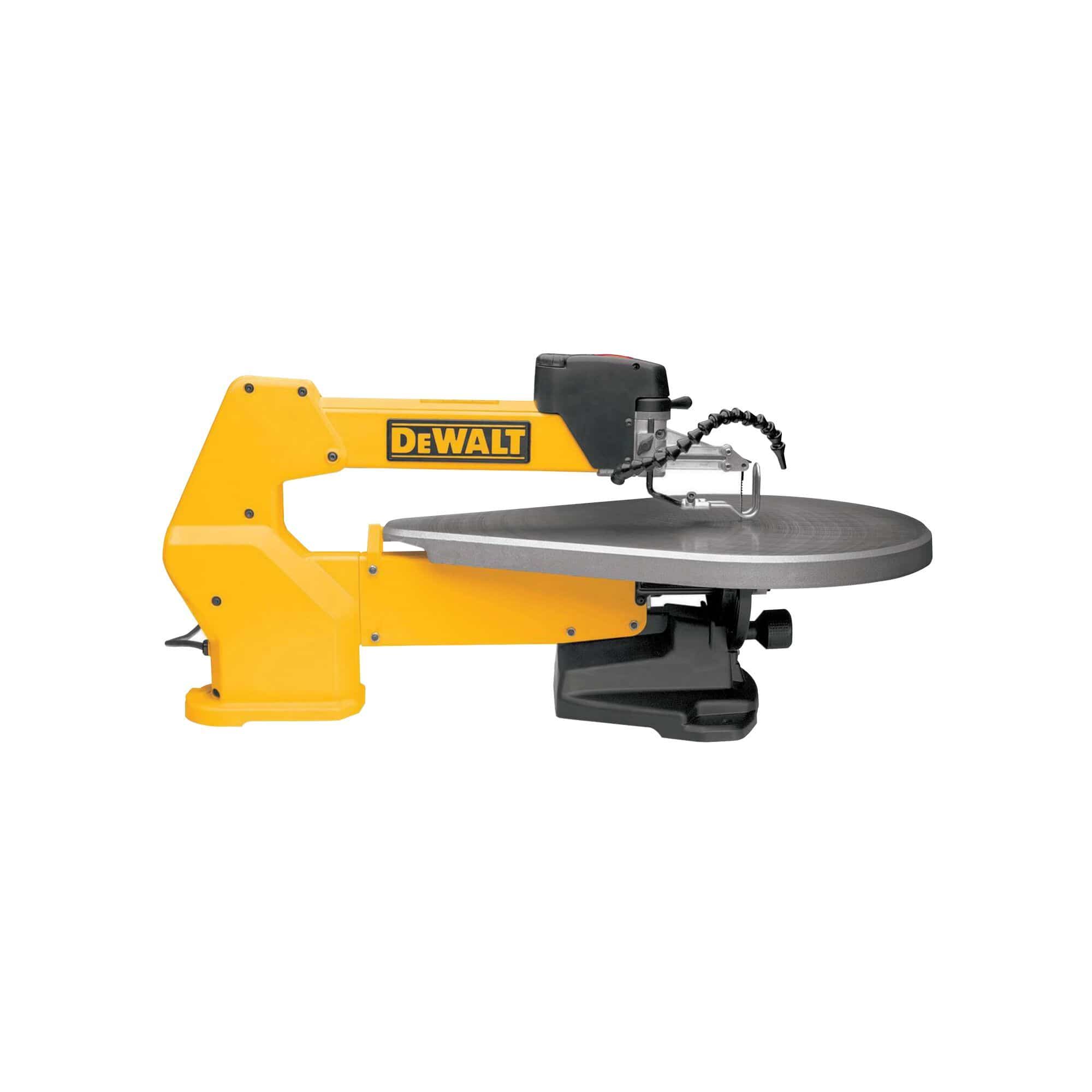 Full side profile of the DEWALT DW788 scroll saw highlighting the oversized cast iron table, front-mounted tensioning lever, and the 20 inch throat depth.