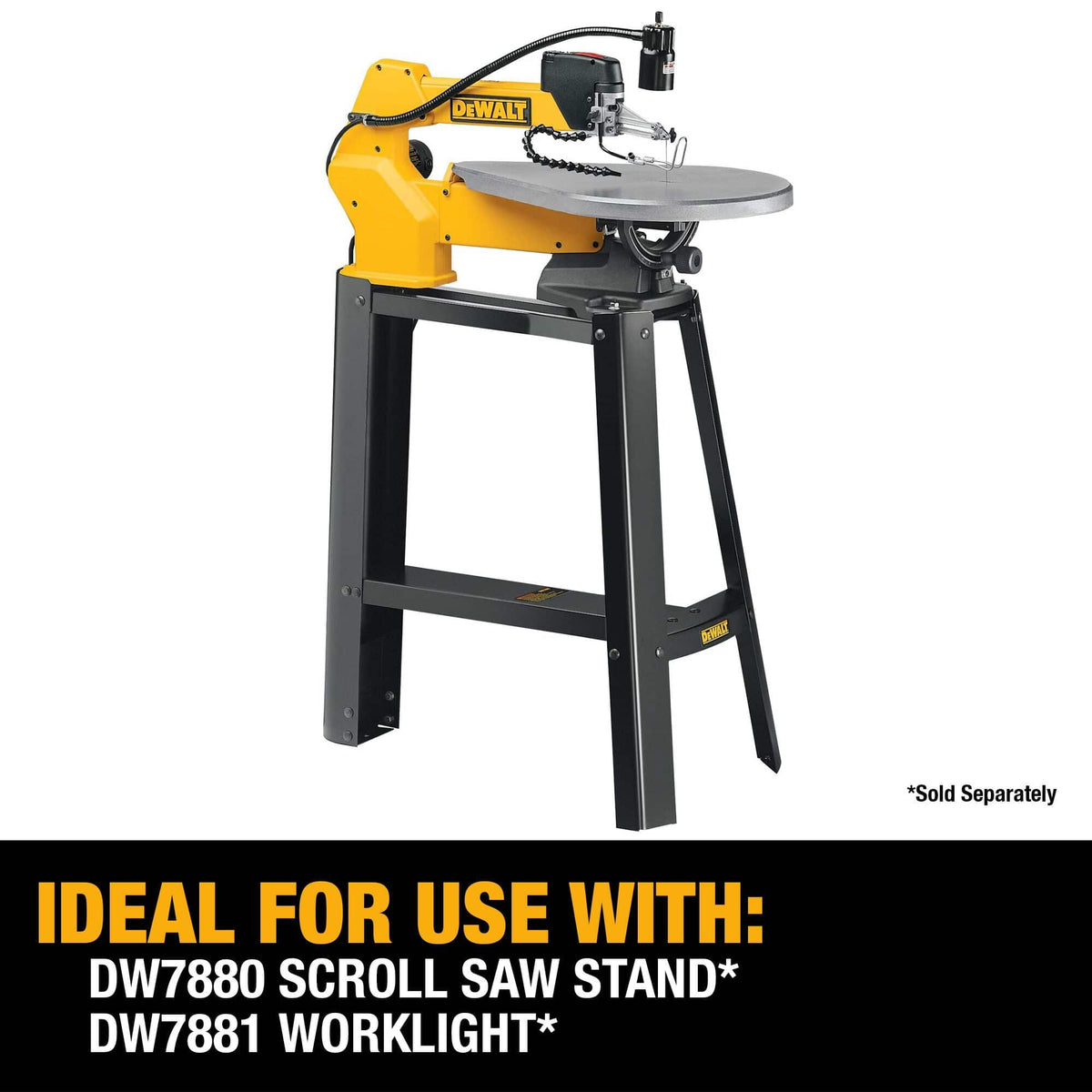 A full studio shot of the DEWALT variable speed scroll saw mounted on the DW7880 stand with the DW7881 worklight, showcasing the ideal professional woodworking setup.