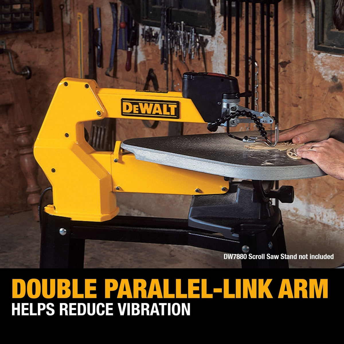 Marketing graphic for the DEWALT DW788 identifying the double parallel-link arm design which significantly reduces vibration for more accurate woodwork.