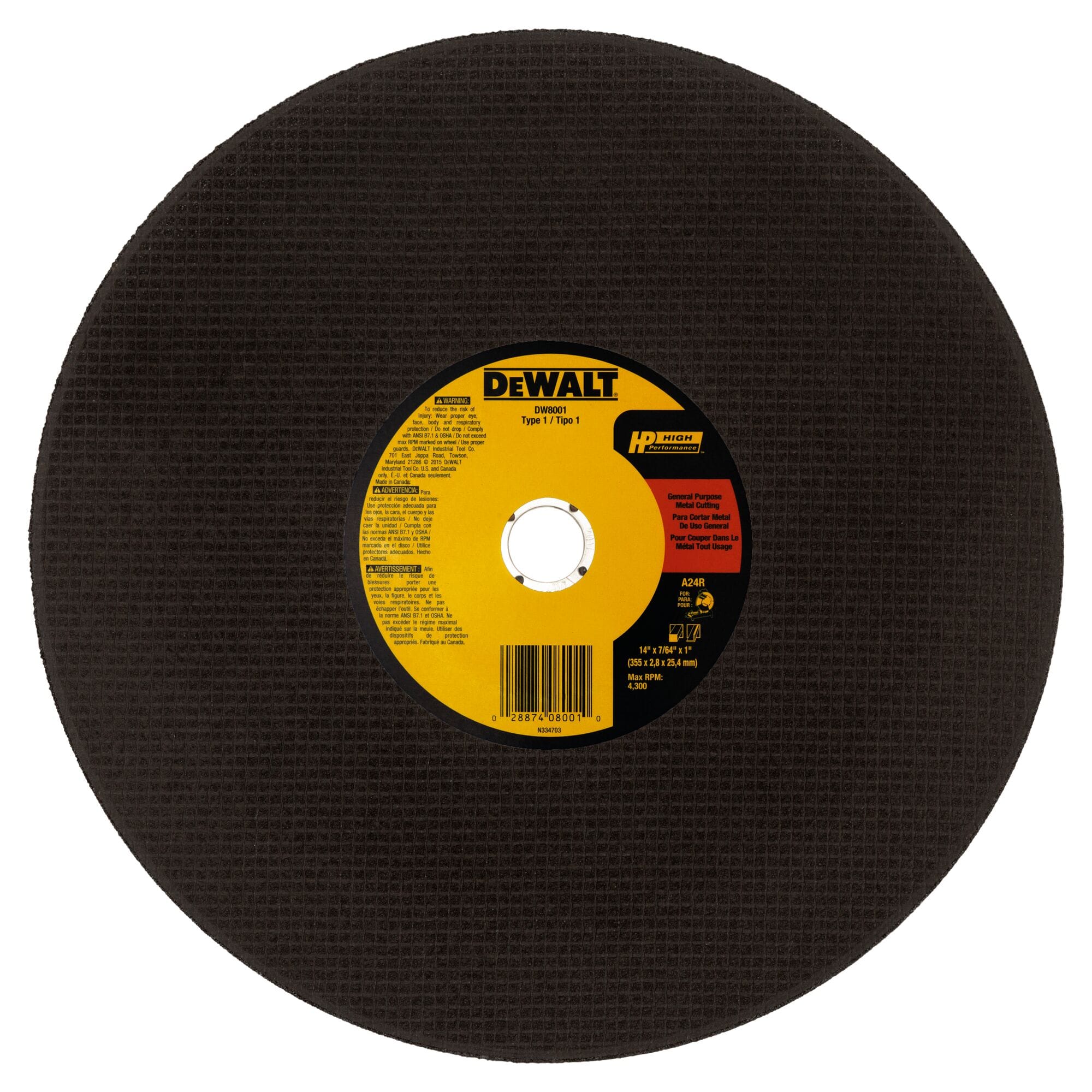 A direct overhead view of the DEWALT DW8001 14-inch abrasive metal cutting wheel. The circular blade features a yellow and red center label displaying the DEWALT logo, High Performance branding, and Type 1 specifications. The label includes safety warning icons and technical details for 14-inch by 7/64-inch by 1-inch industrial chop saw applications.
