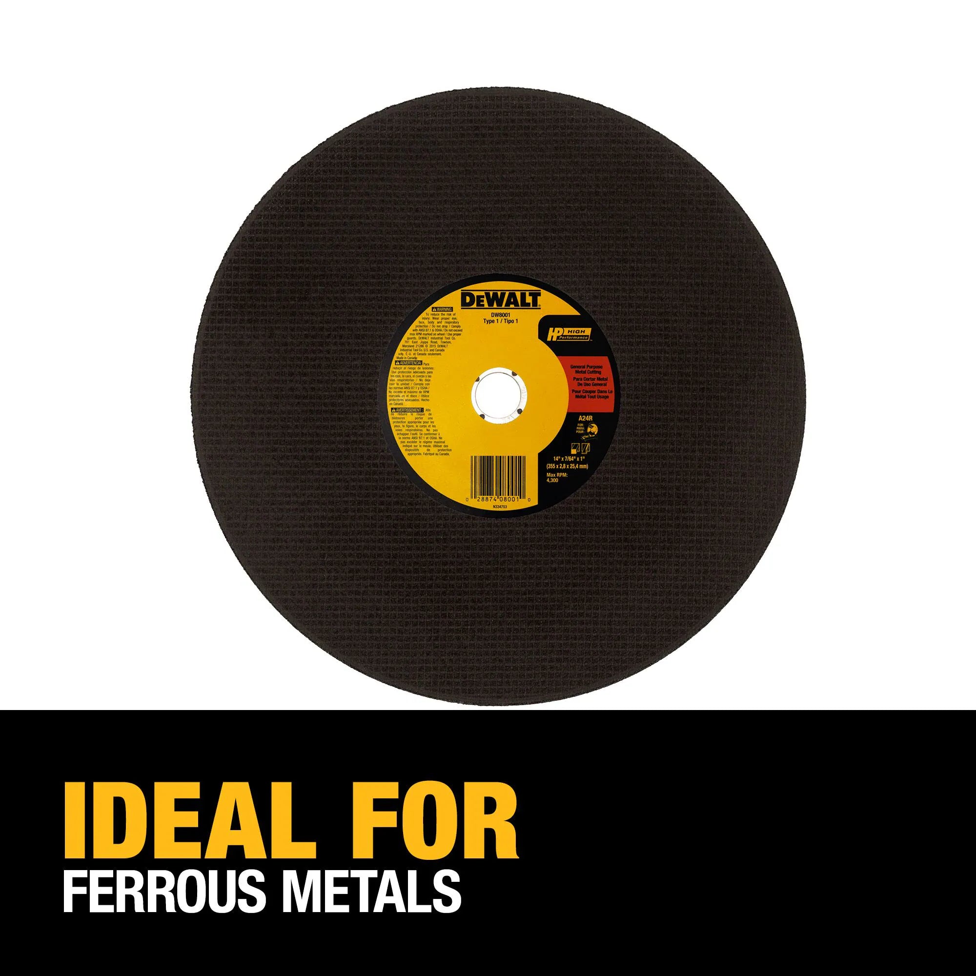 Marketing graphic of the DEWALT 14-inch chop saw blade. A bold text overlay at the bottom states IDEAL FOR FERROUS METALS, emphasizing the blade's specialized design for cutting through iron, structural steel, rebar, and heavy-duty metal piping.