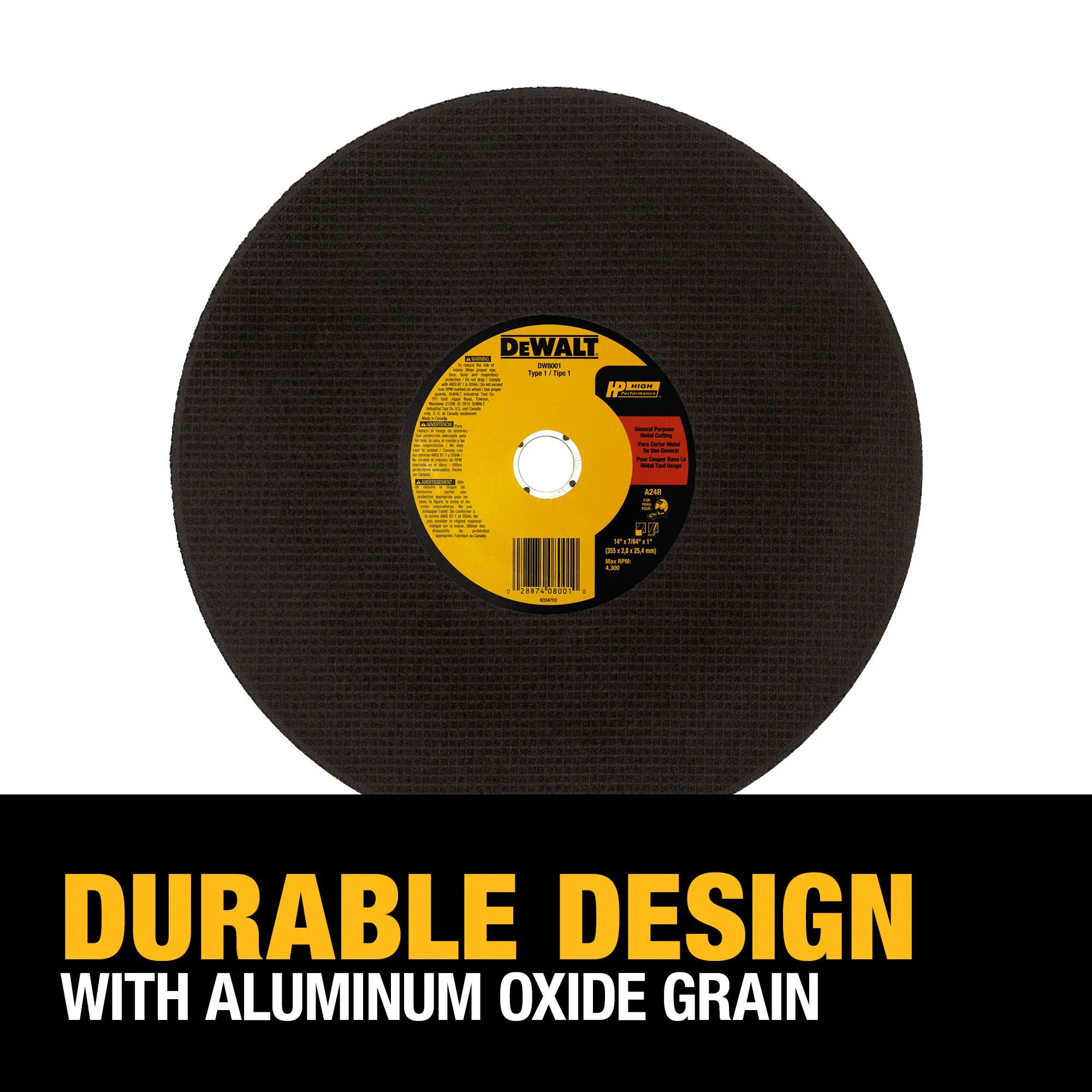 An industrial infographic showcasing the DEWALT DW8001 abrasive wheel. The header text DURABLE DESIGN WITH ALUMINUM OXIDE GRAIN highlights the proprietary material mix and fiberglass reinforcement that ensures long life and safety during high-speed cutting tasks.