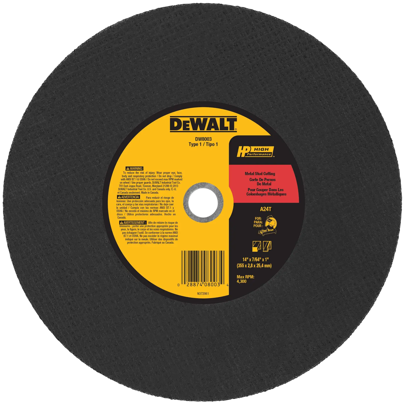 A direct overhead product view of the DEWALT DW8003 14-inch abrasive stud cutter wheel. The circular blade features a professional yellow and red center label with the DEWALT logo and High Performance branding, indicating its specialized design for rapid metal stud cutting in industrial applications.