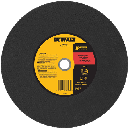 A direct overhead product view of the DEWALT DW8003 14-inch abrasive stud cutter wheel. The circular blade features a professional yellow and red center label with the DEWALT logo and High Performance branding, indicating its specialized design for rapid metal stud cutting in industrial applications.