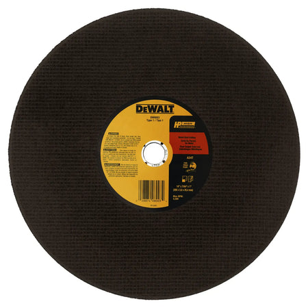 A studio shot of the DEWALT DW8003 14-inch abrasive wheel showing the textured surface of the silicon carbide grain. The label confirms Type 1 specifications and a maximum 4,300 RPM rating, engineered for clean, burr-free cuts in light-gauge metal and steel tracks.