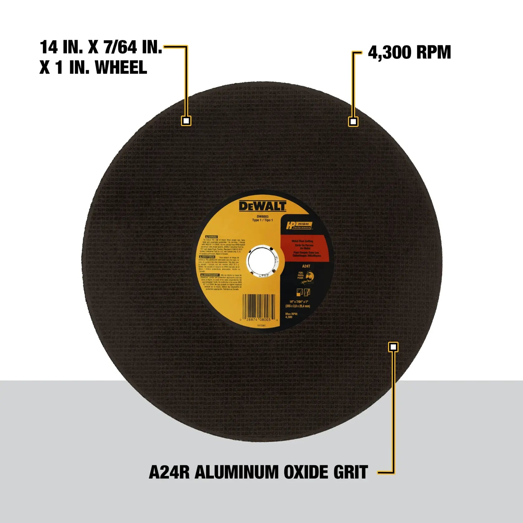 A product feature infographic for the DEWALT DW8003 stud cutter wheel. Yellow callout lines highlight the 14-inch by 7/64-inch by 1-inch dimensions, the high-speed 4,300 RPM performance capability, and the premium silicon carbide abrasive grain used for aggressive material removal.