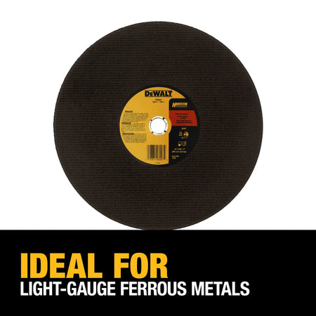 An industrial marketing graphic of the DEWALT 14-inch abrasive wheel. A bold black and yellow text overlay at the bottom states IDEAL FOR LIGHT-GAUGE FERROUS METALS, emphasizing the blade's efficiency for commercial framing and metal stud installations.