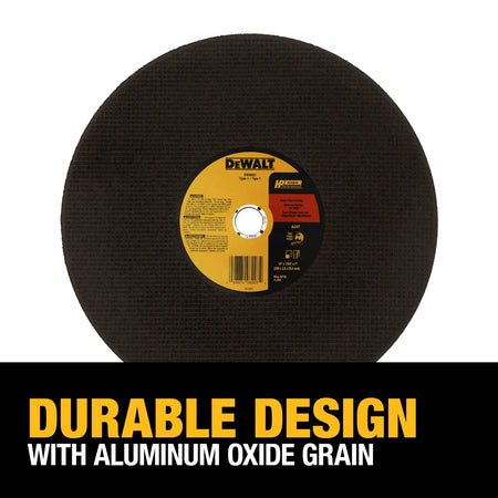 Infographic for the DEWALT DW8003 abrasive chop saw blade. The header text DURABLE DESIGN WITH ALUMINUM OXIDE GRAIN highlights the proprietary material mix and fiberglass reinforcement that ensures long wheel life and safe operation during high-volume professional cutting tasks.
