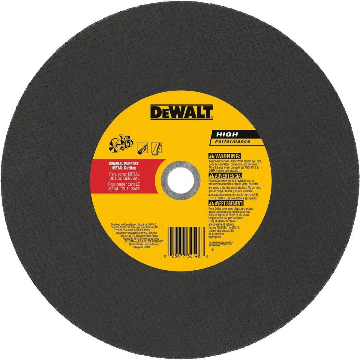 A direct overhead view of the DEWALT DW8021 14-inch abrasive metal cutting wheel. The circular blade features a yellow and red center label displaying the DEWALT logo, High Performance branding, and general purpose metal cutting specifications in English, Spanish, and French. The image highlights the 20mm arbor hole and safety warning icons for industrial chop saw applications.