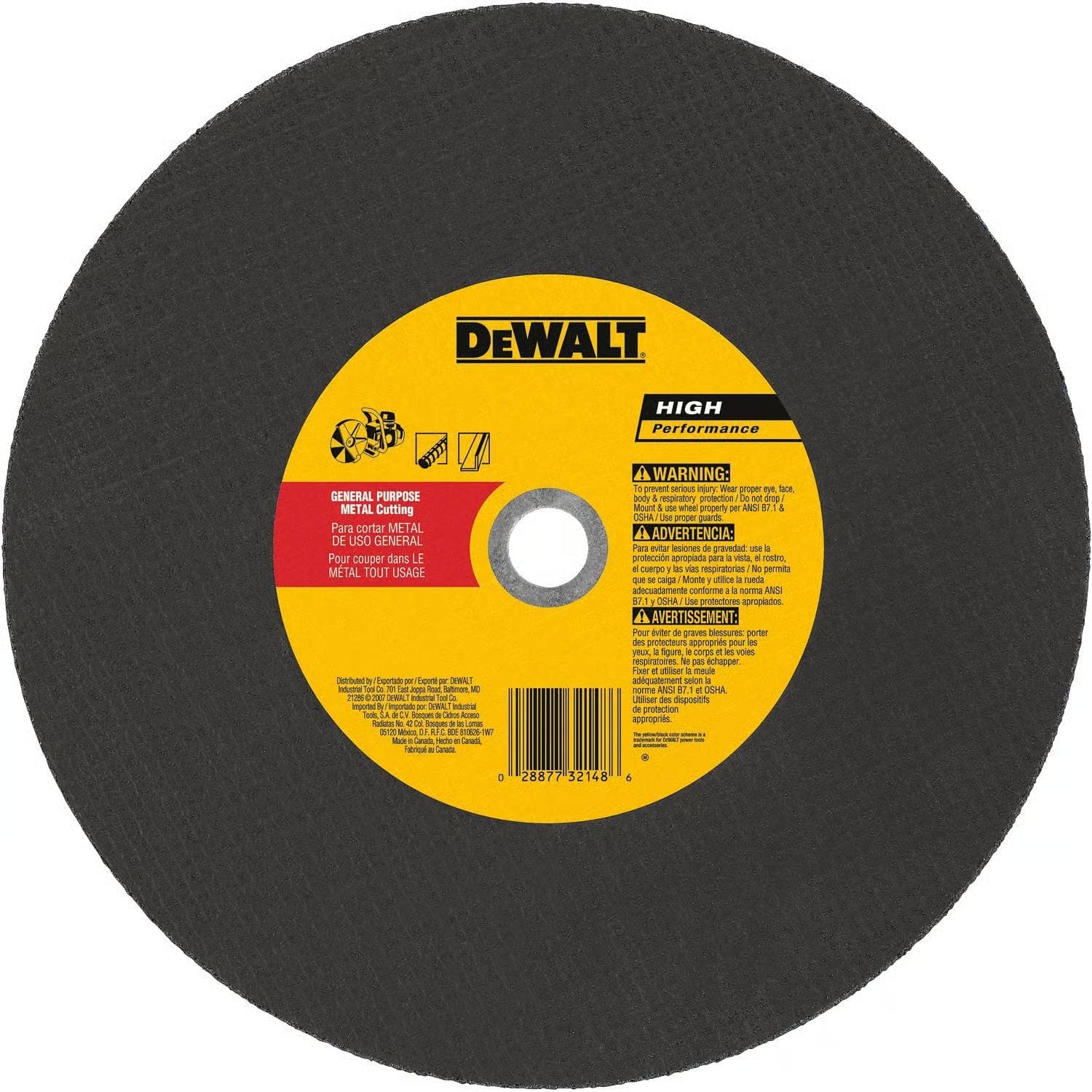 A direct overhead view of the DEWALT DW8021 14-inch abrasive metal cutting wheel. The circular blade features a yellow and red center label displaying the DEWALT logo, High Performance branding, and general purpose metal cutting specifications in English, Spanish, and French. The image highlights the 20mm arbor hole and safety warning icons for industrial chop saw applications.