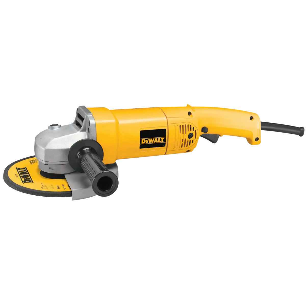 A studio profile view of the DEWALT DW840 7-inch medium angle grinder. The corded tool features a signature yellow motor housing, a durable silver metallic gear case, and a black adjustable safety guard designed for heavy-duty metal grinding and cutting applications.