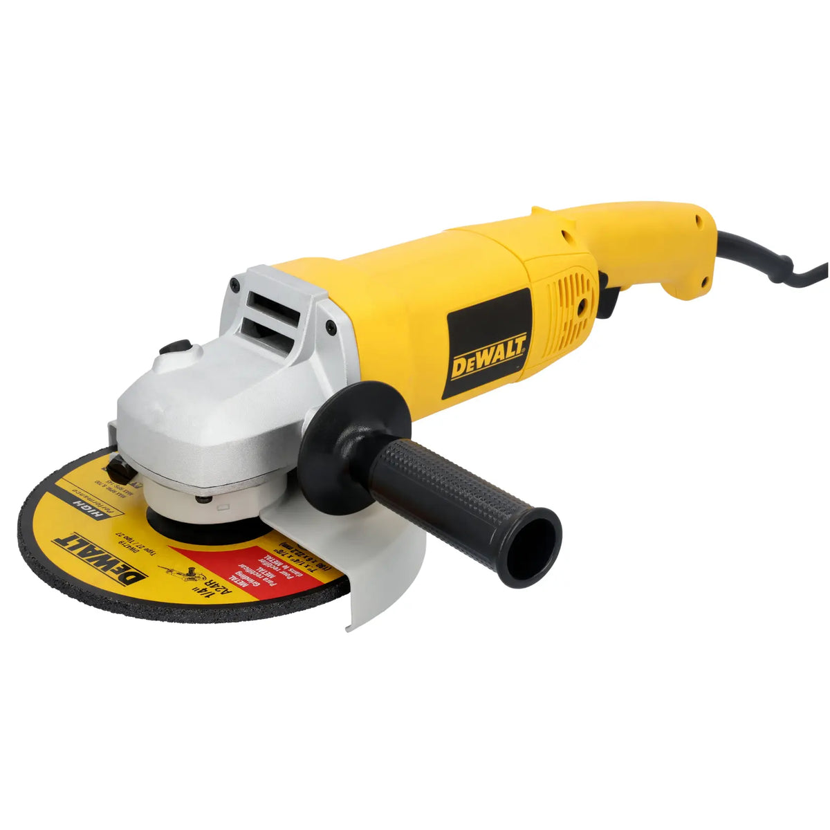 A perspective view of the DEWALT 7-inch angle grinder with a 1/4-inch thick grinding wheel installed. This angle showcases the ergonomic rear handle, the textured removable side handle for two-handed control, and the heavy-duty AC/DC power cord for jobsite versatility.