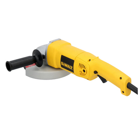 A right-side studio profile of the DEWALT DW840 corded grinder. The image emphasizes the balanced, slim body design and the easy-access trigger switch, highlighting the tool's 13-amp motor capacity for professional material removal.