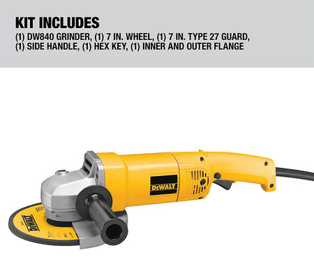 A marketing kit layout for the DEWALT DW840. Text at the top confirms the package includes the 7-inch grinder, a grinding wheel, a Type 27 safety guard, a side handle, a hex key, and the inner and outer flanges.