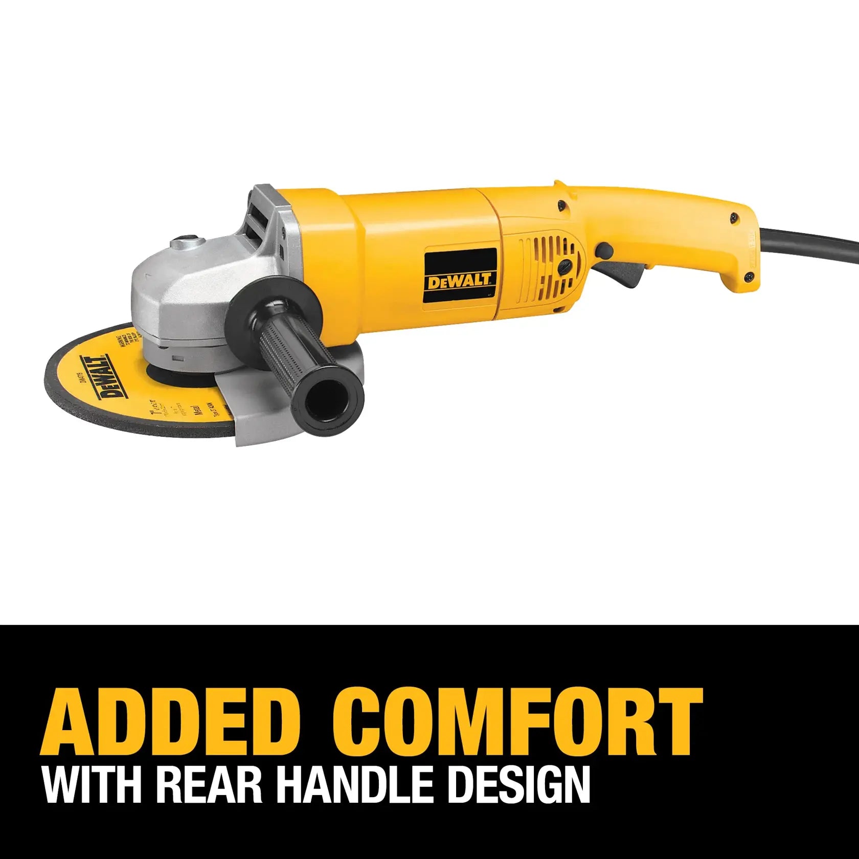 A product view of the DEWALT medium angle grinder with a high-contrast text overlay at the bottom stating ADDED COMFORT WITH REAR HANDLE DESIGN. This highlights the tool's ergonomic engineering for reduced user fatigue during extended grinding sessions.
