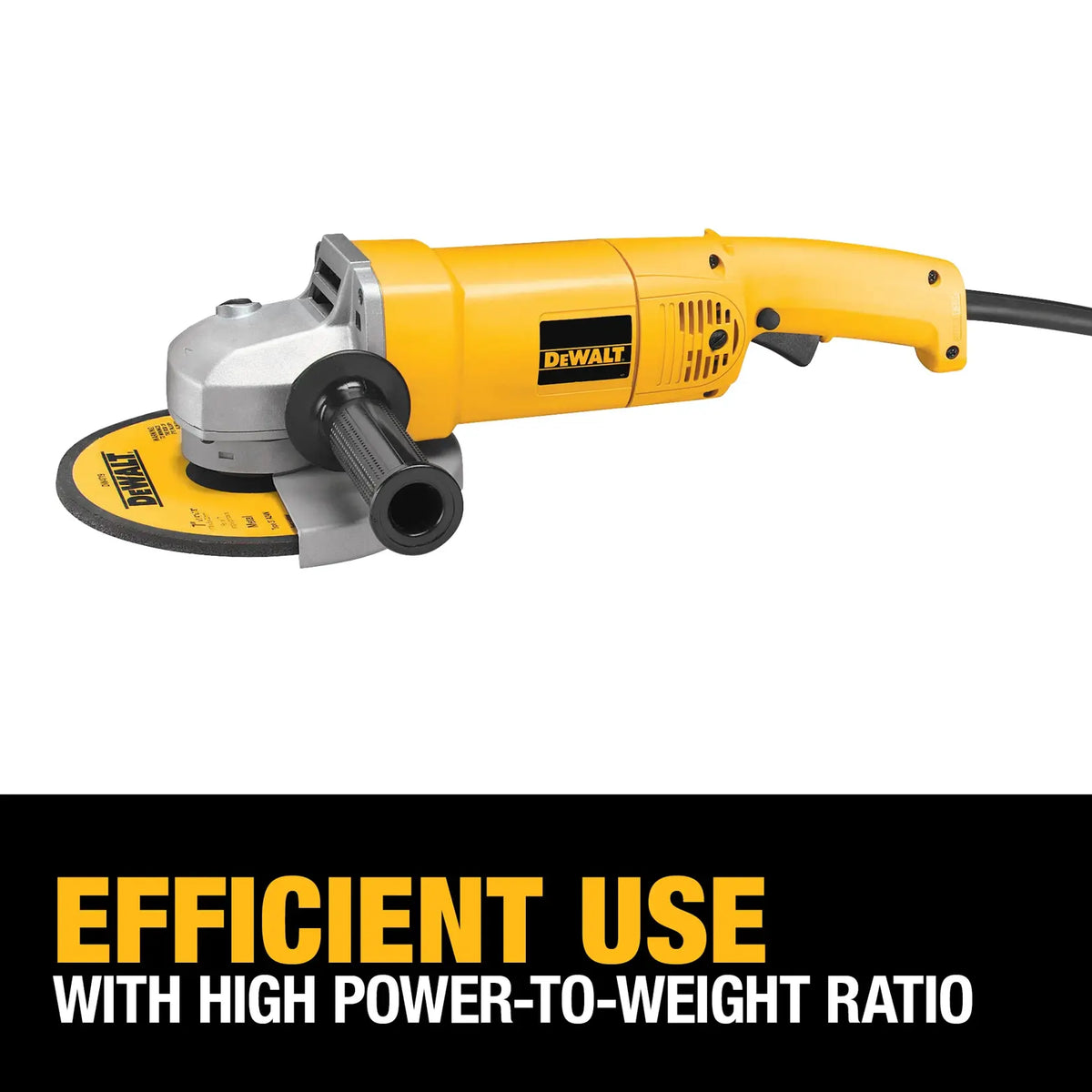 A studio view of the 7-inch corded grinder with a marketing text overlay stating EFFICIENT USE WITH HIGH POWER-TO-WEIGHT RATIO. This emphasizes the tool's ability to provide 2,250 Unit Watts Out while remaining manageable for precision metalwork.