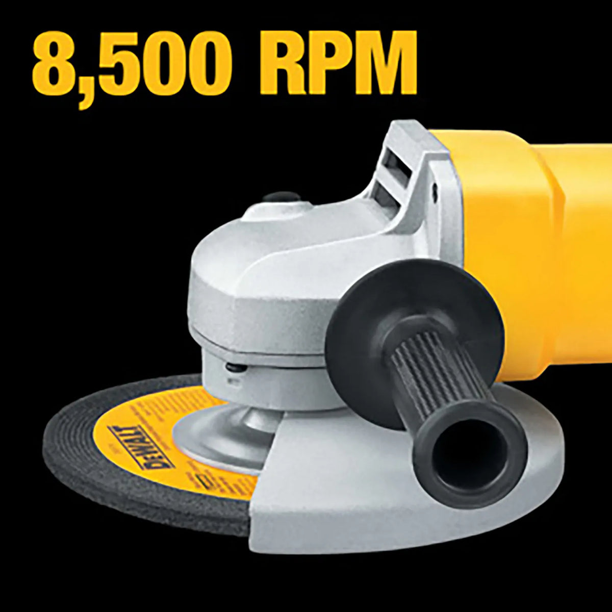 A detailed close-up shot of the gear head and guard on the DEWALT angle grinder. A large yellow text overlay prominently displays 8,500 RPM, signifying the high-speed performance capabilities for fast metal finishing and cutting.