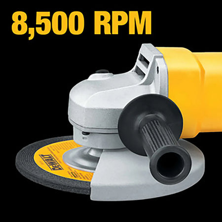 A detailed close-up shot of the gear head and guard on the DEWALT angle grinder. A large yellow text overlay prominently displays 8,500 RPM, signifying the high-speed performance capabilities for fast metal finishing and cutting.
