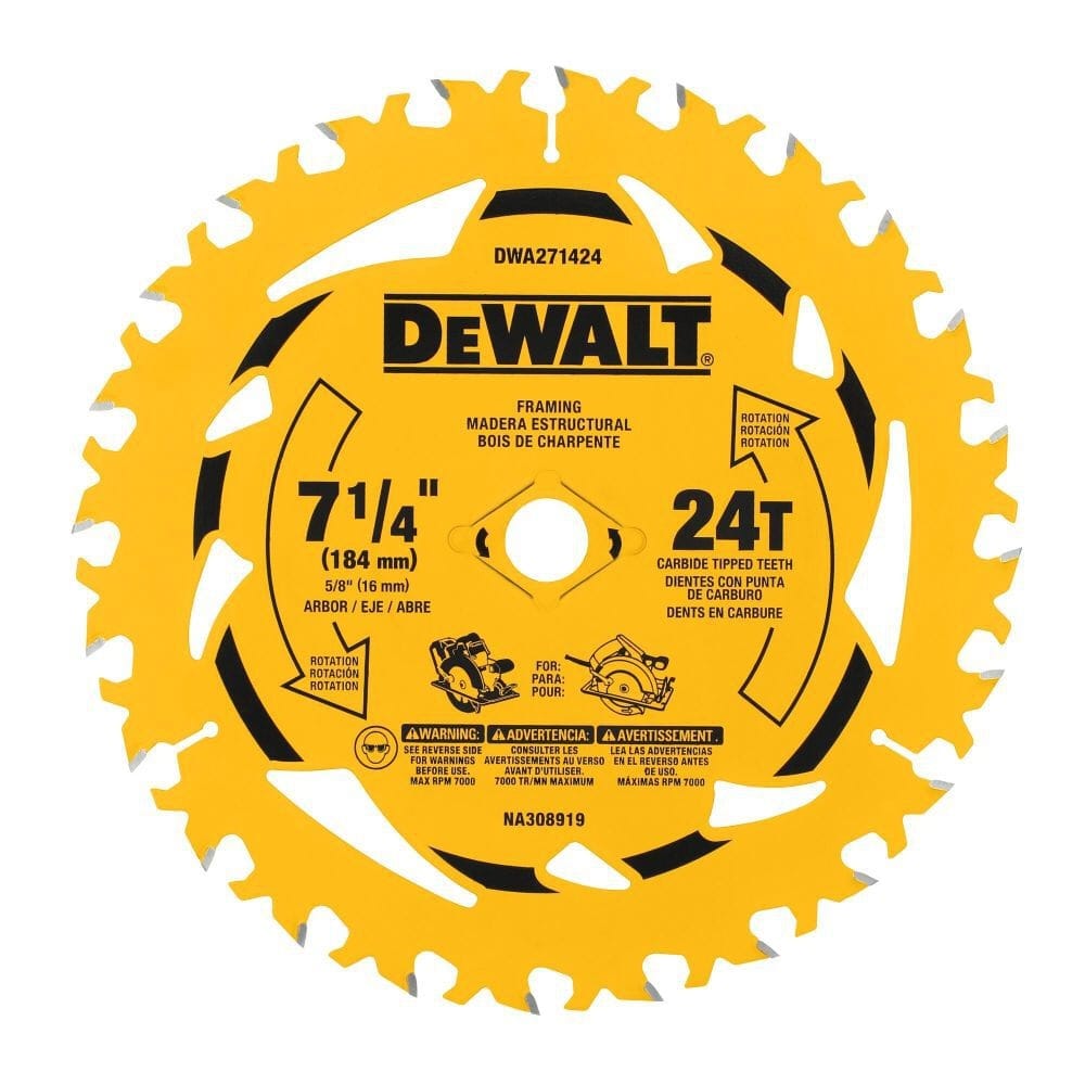 Direct front view of a yellow DEWALT 7-1/4 inch 24-tooth carbide-tipped circular saw blade, featuring framing application branding, a 5/8-inch arbor, and integrated heat-vent slots.