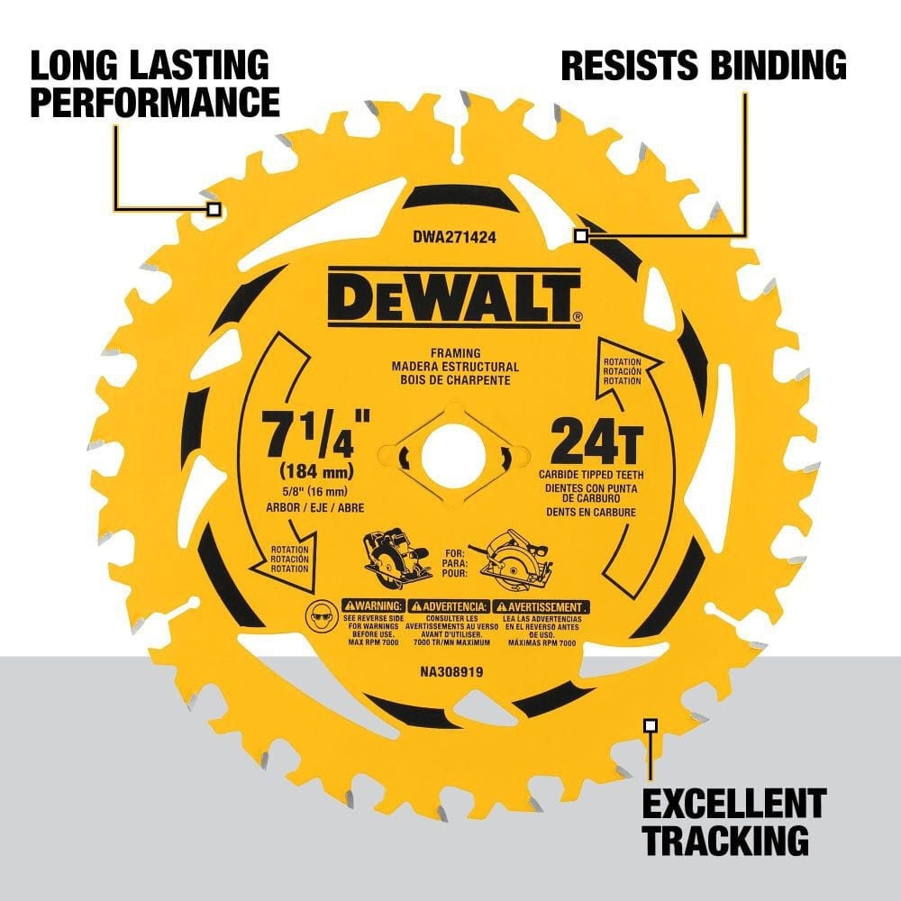 Product informational graphic of the 7-1/4 inch saw blade with callouts highlighting its long-lasting performance, a design that resists binding, and specialized geometry for excellent tracking during cuts.