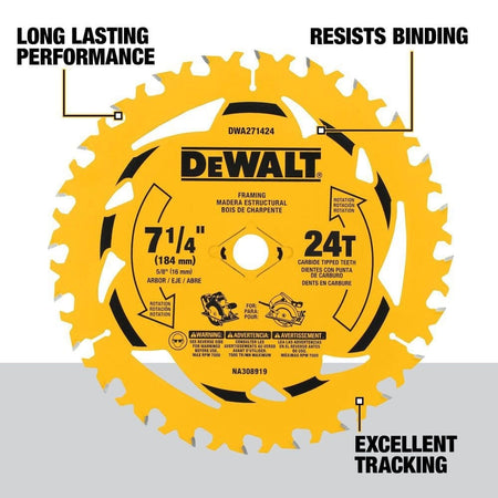 Product informational graphic of the 7-1/4 inch saw blade with callouts highlighting its long-lasting performance, a design that resists binding, and specialized geometry for excellent tracking during cuts.