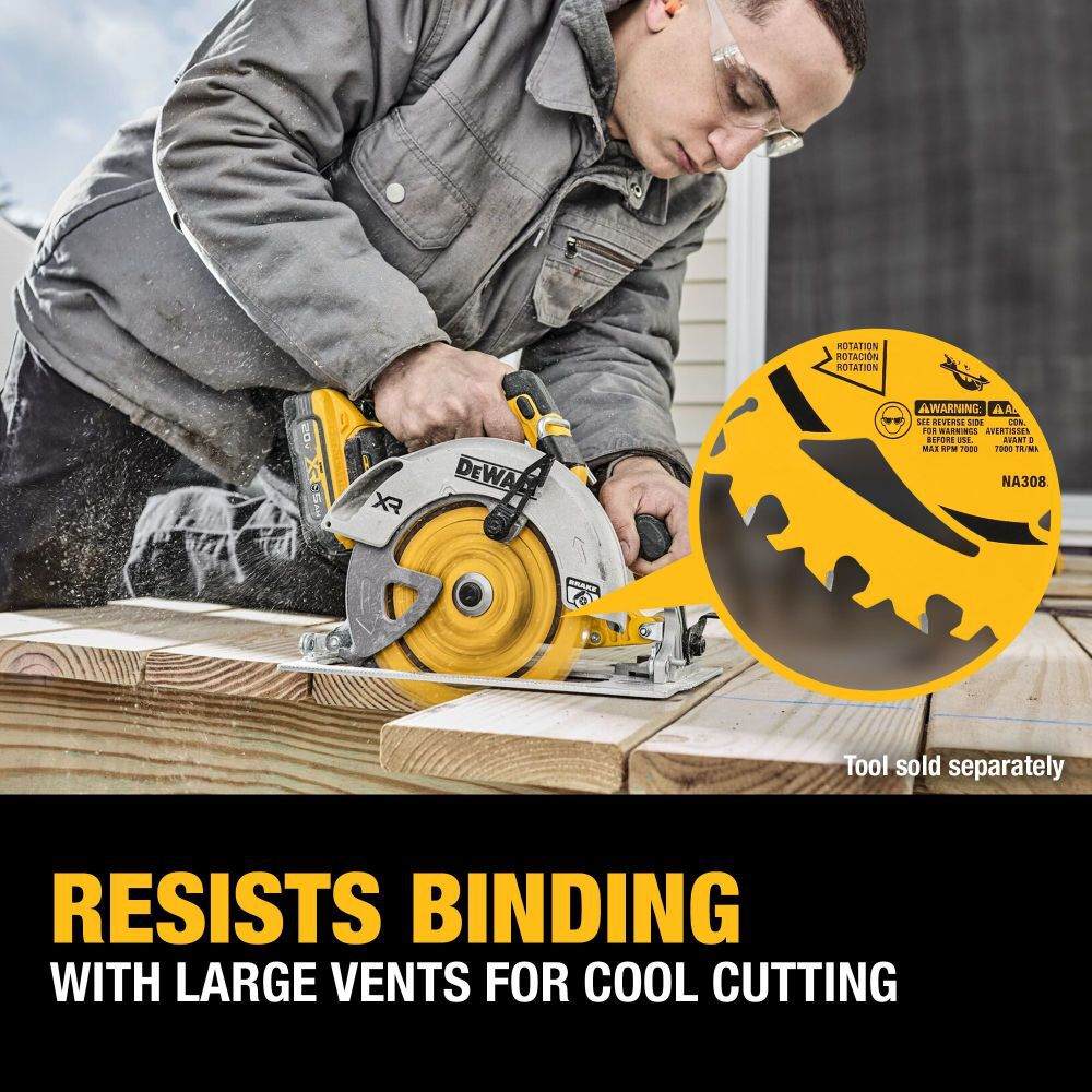 Action shot of a worker using a cordless circular saw to cut through thick wooden planks, with a circular inset highlighting the blade's large vents designed for cool cutting and resisting binding.