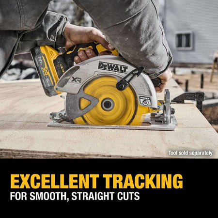 A technician using a DEWALT 20V Max cordless circular saw to perform a long, straight rip cut on a large sheet of plywood, demonstrating the blade's excellent tracking.