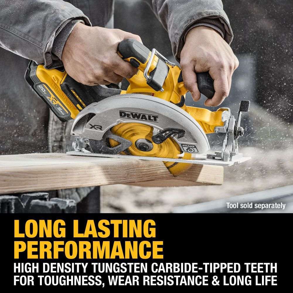 Close-up action shot showing the DEWALT blade cutting through a heavy wooden beam, highlighting the high-density tungsten carbide-tipped teeth engineered for toughness and long life.