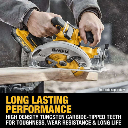 Close-up action shot showing the DEWALT blade cutting through a heavy wooden beam, highlighting the high-density tungsten carbide-tipped teeth engineered for toughness and long life.