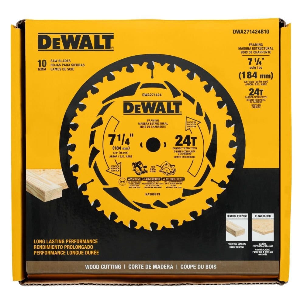 The retail cardboard packaging for the DWA271424B10 10-pack, illustrating the blade's suitability for general-purpose wood cutting, framing, and plywood or OSB materials.