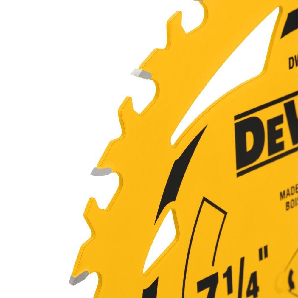 A detailed close-up perspective of the yellow saw blade's edge, focusing on the sharp tungsten carbide-tipped teeth and the anti-friction PTFE coating.
