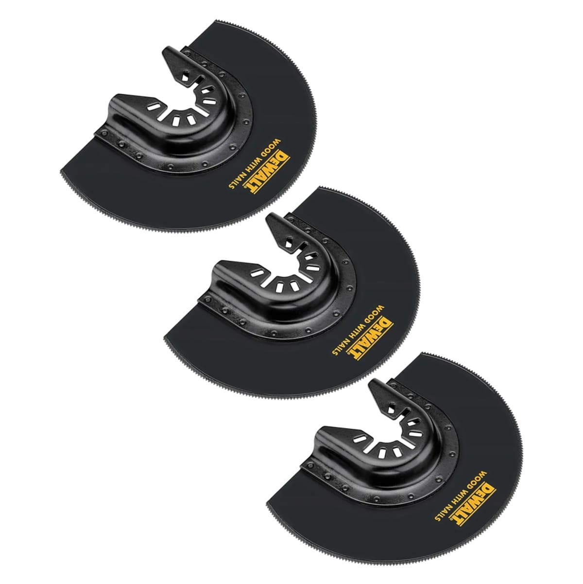 DEWALT DWA4212-3 3-pack of oscillating flush cut blades in clear and yellow retail clamshell packaging. The packaging highlights the universal fitment and application for cutting wood with nails.