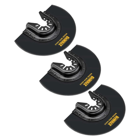 DEWALT DWA4212-3 3-pack of oscillating flush cut blades in clear and yellow retail clamshell packaging. The packaging highlights the universal fitment and application for cutting wood with nails.