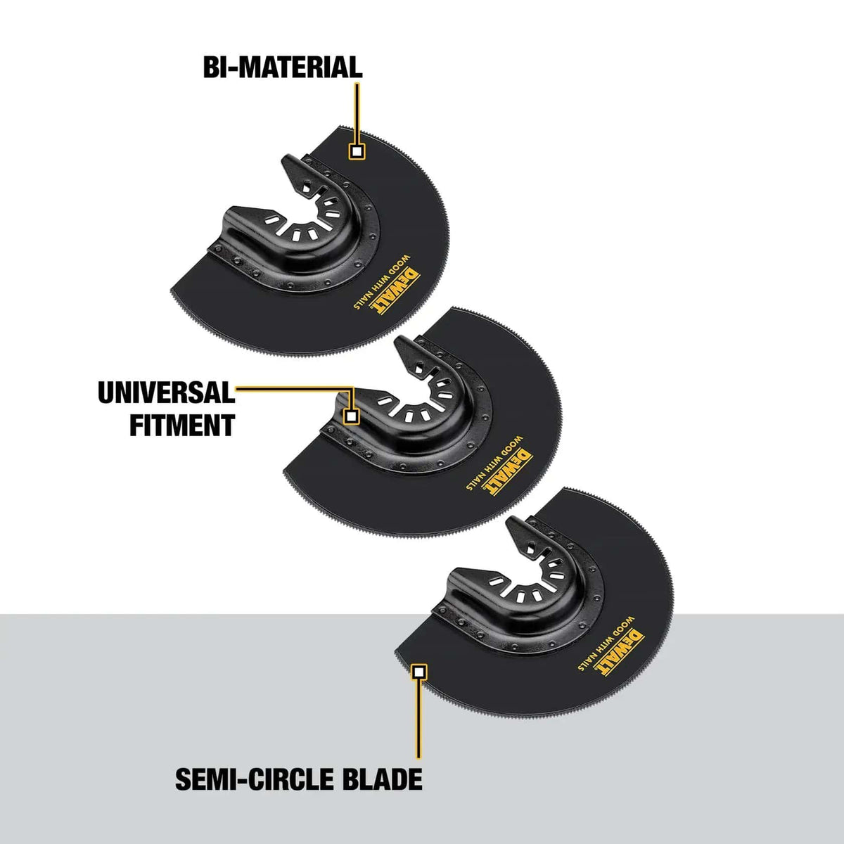 Three individual DEWALT bi-metal oscillating multi-tool blades (DWA4212), arranged parallel and showcasing the tapered flush cut design on a white background.