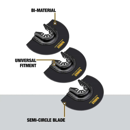Three individual DEWALT bi-metal oscillating multi-tool blades (DWA4212), arranged parallel and showcasing the tapered flush cut design on a white background.