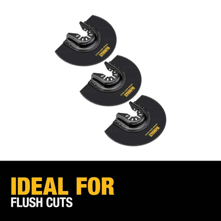 A close-up view of the DEWALT oscillating multi-tool with a DWA4212 flush cut blade attached, demonstrating the side-mounted configuration for cutting.