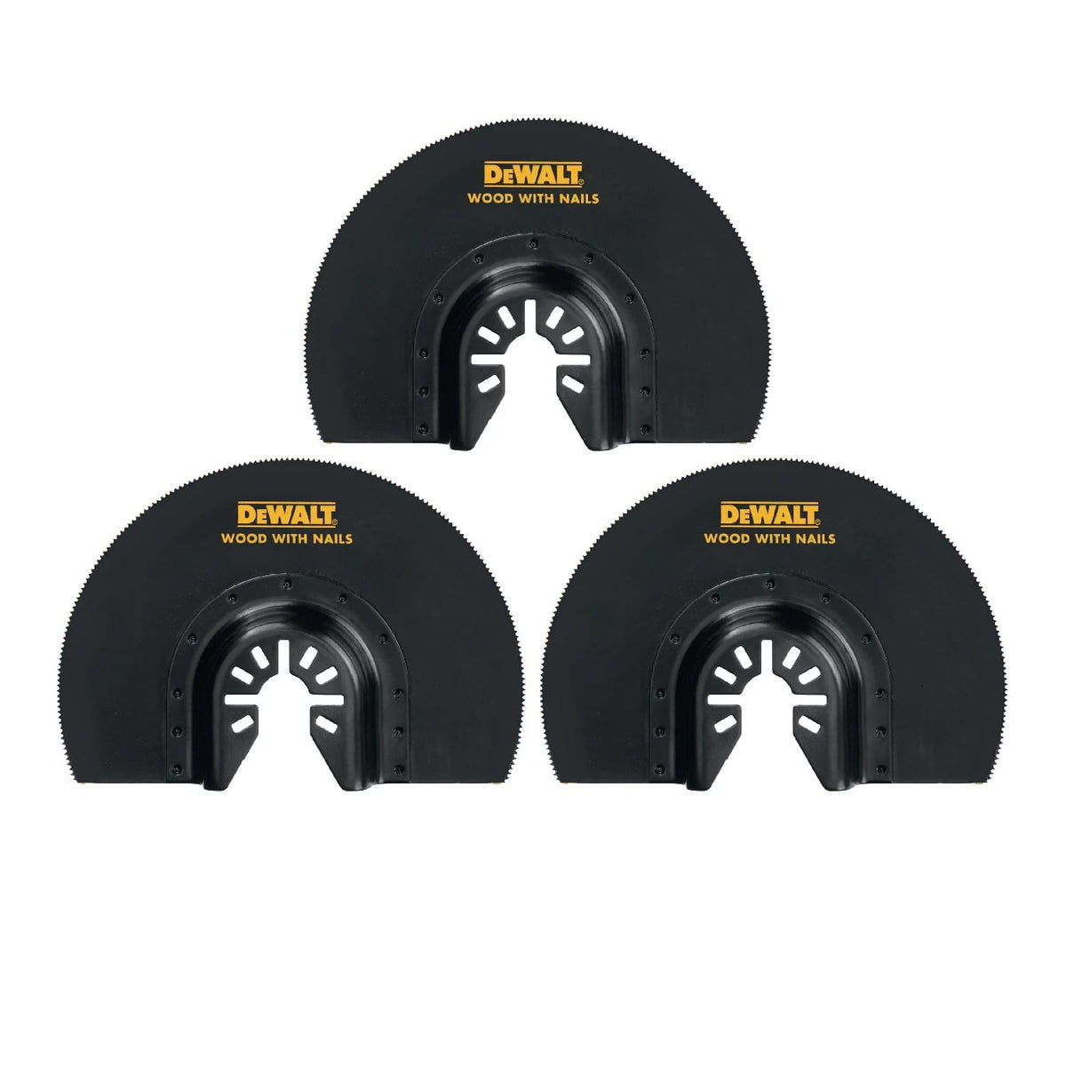 Side profile of a single DEWALT DWA4212 oscillating flush cut multi-tool blade, showing the universal fitment connection point and the precise bi-metal cutting teeth.