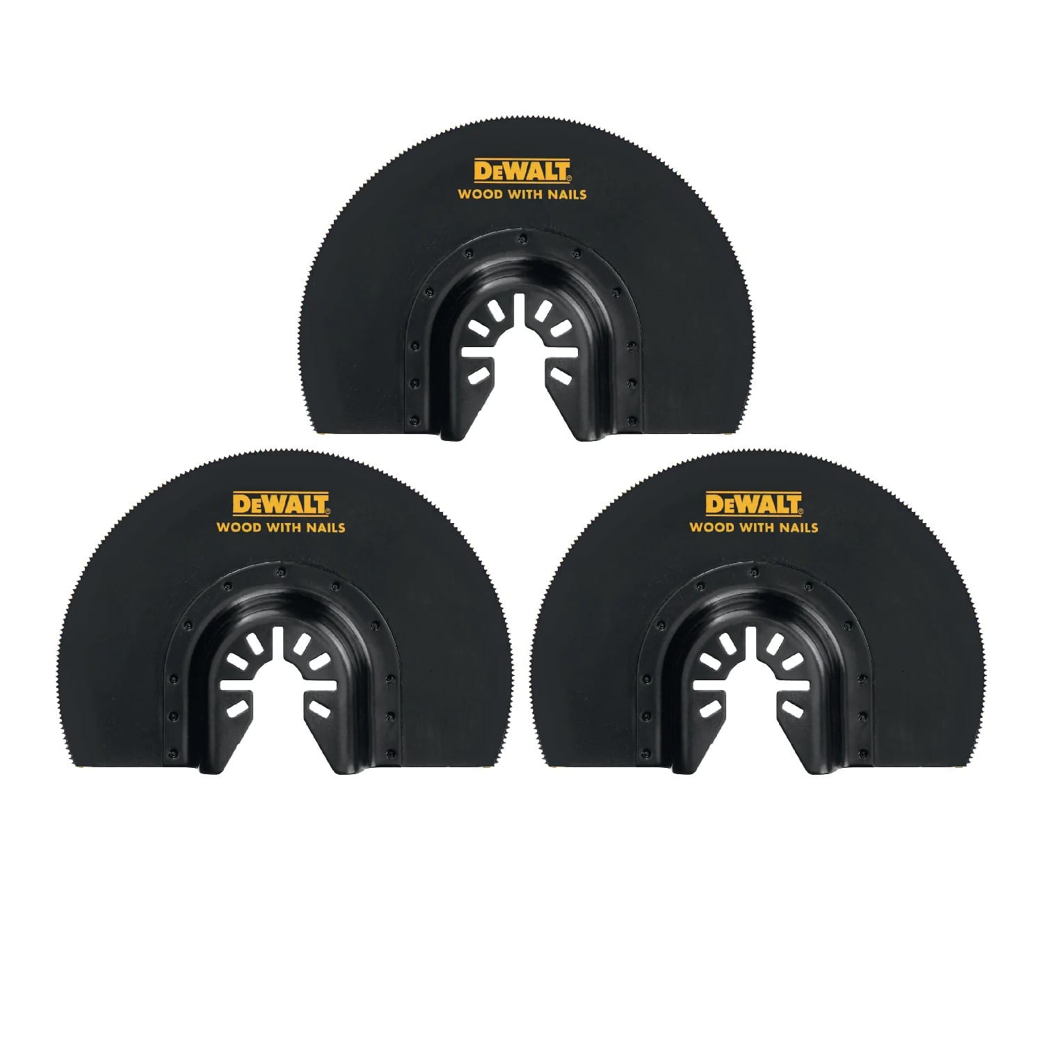 Side profile of a single DEWALT DWA4212 oscillating flush cut multi-tool blade, showing the universal fitment connection point and the precise bi-metal cutting teeth.