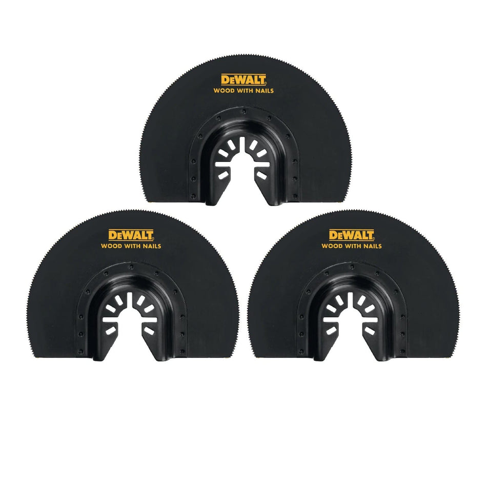 Side profile of a single DEWALT DWA4212 oscillating flush cut multi-tool blade, showing the universal fitment connection point and the precise bi-metal cutting teeth.