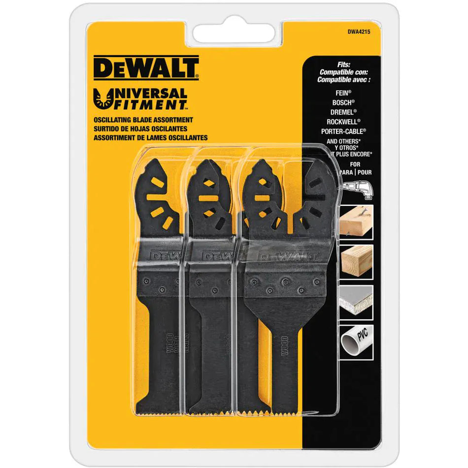 DEWALT DWA4215 Oscillating Tool Blade Set 3-Piece Variety Pack Universal Fitment Multi-Tool Accessories for Wood with Nails Fast Cutting and Detail